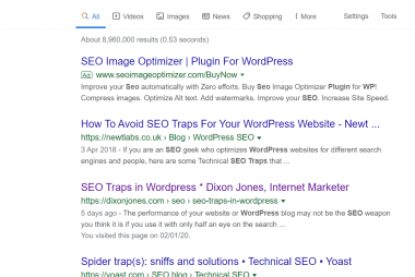 SERPs for "WP SEO Traps"